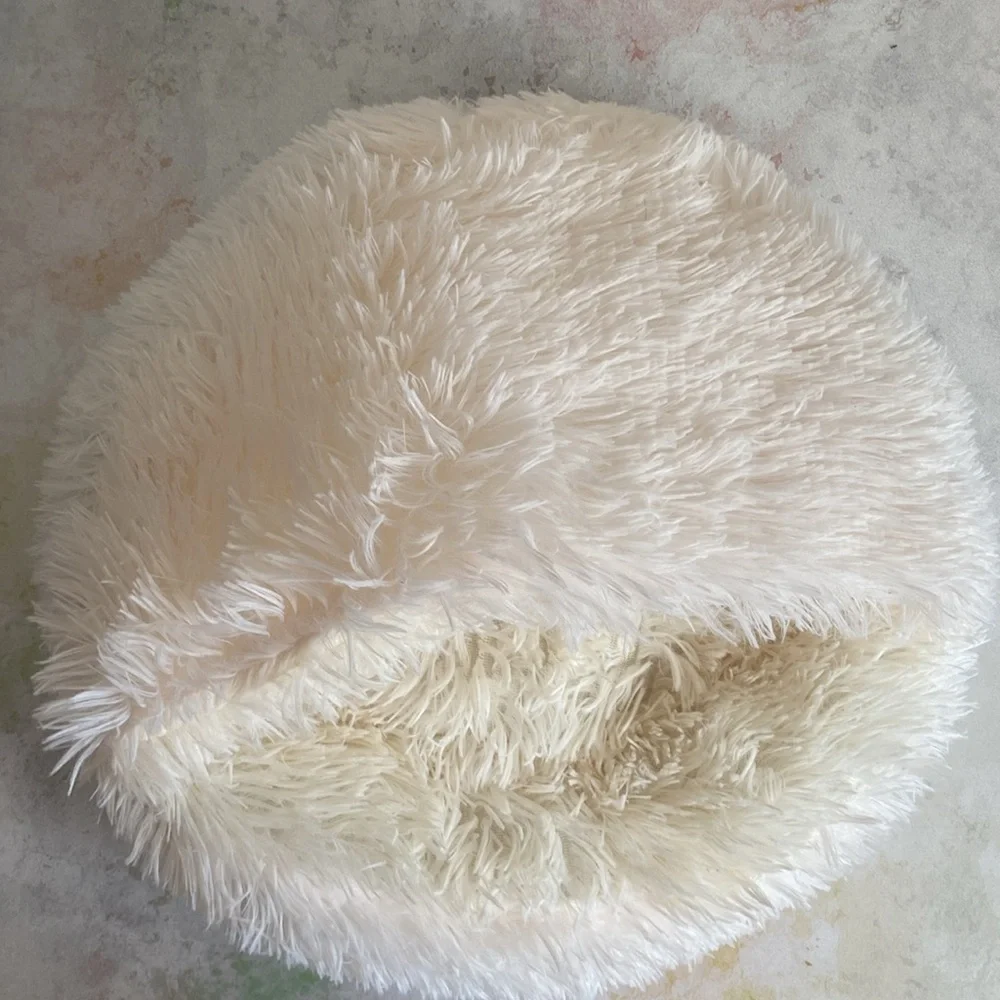 Small Hooded Pet Bed Cozy shaggy Cream Fluffy for small or dog cat off New
